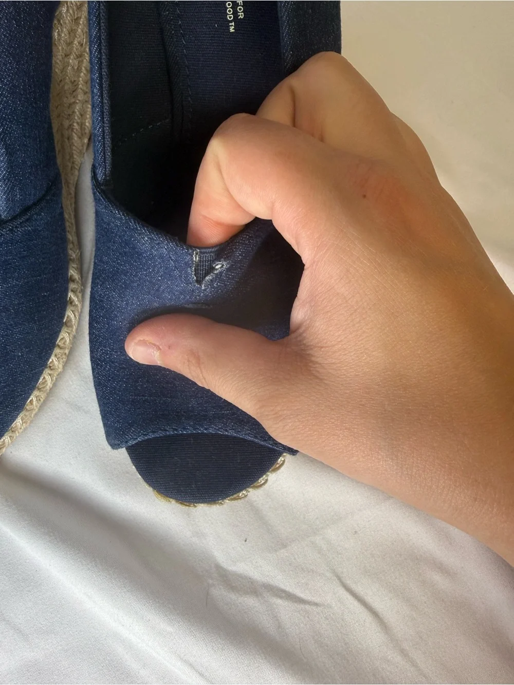 TOMS Women’s Navy Blue Open Toe Espadrille Wedge Heels Size 7.5 Denim Look